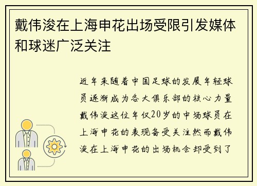 戴伟浚在上海申花出场受限引发媒体和球迷广泛关注 戴伟浚在上海申花出场受限引发媒体和球迷广泛关注