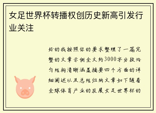 女足世界杯转播权创历史新高引发行业关注 女足世界杯转播权创历史新高引发行业关注